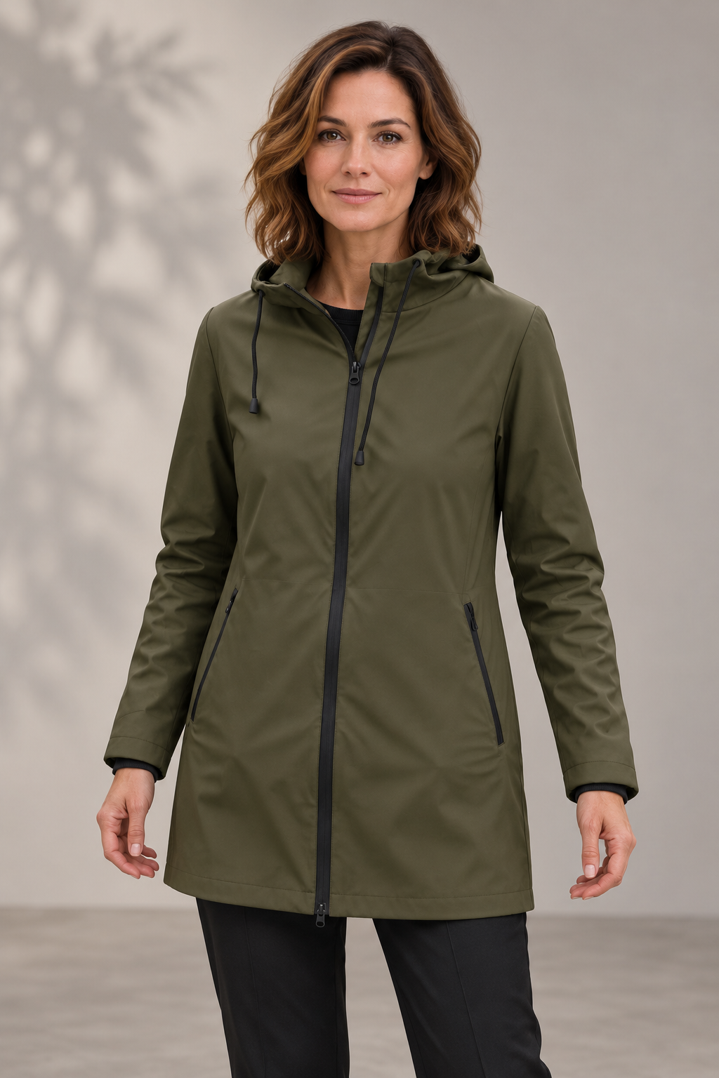 Parka cirée professionnelle femme – La Technicienne portée, coloris Kaki