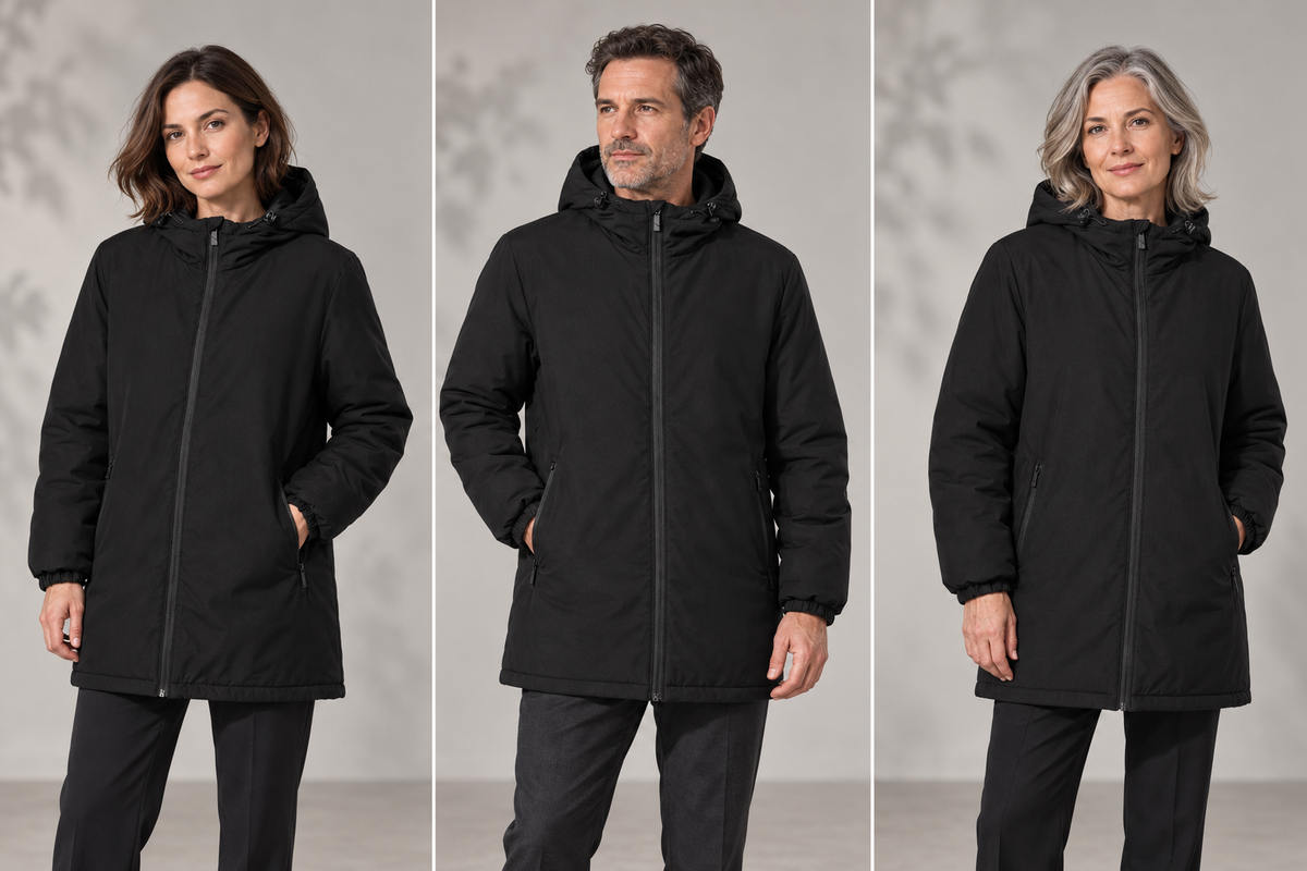 Parka professionnelle unisexe en polyester recyclé – L’Équipage, noir, présentation portée 2