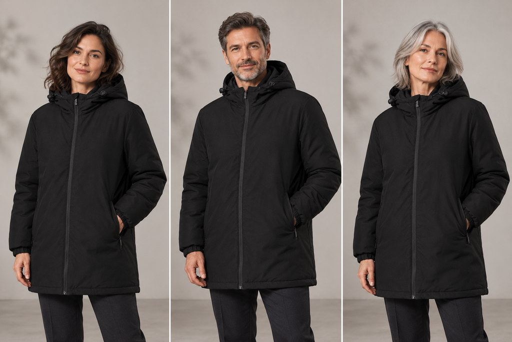 Parka professionnelle unisexe en polyester recyclé – L’Équipage, noir, présentation portée 3