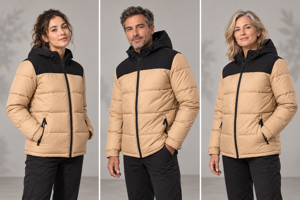 Parka professionnelle bicolore matelassée – Le Relais, beige et noir, présentation portée 2