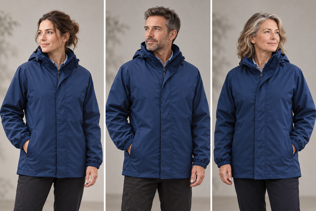 Parka professionnelle 3-en-1 à gilet intérieur – Le Modulable, bleu marine, présentation portée 2