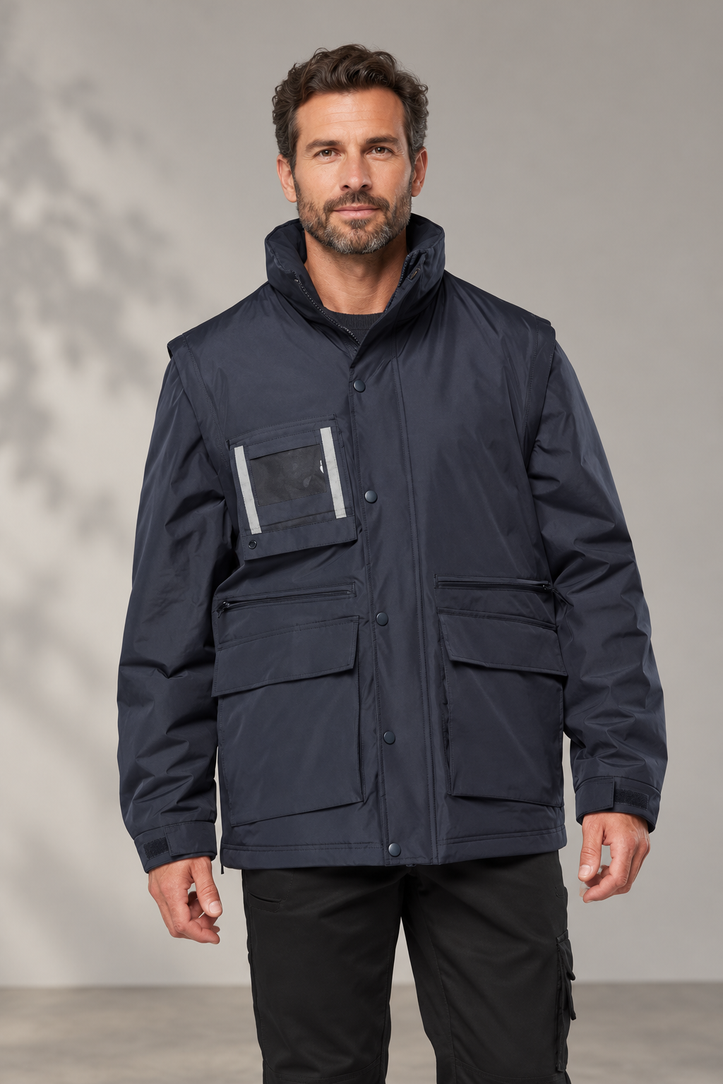 Parka de travail multipoches à manches amovibles – Le Contremaître portée, coloris Bleu marine
