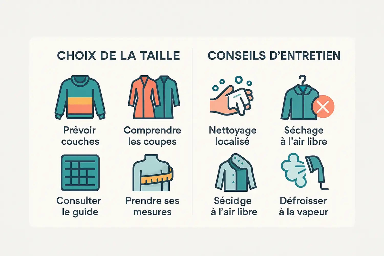 Guide visuel pour le choix de la taille et l'entretien d'un imperméable femme