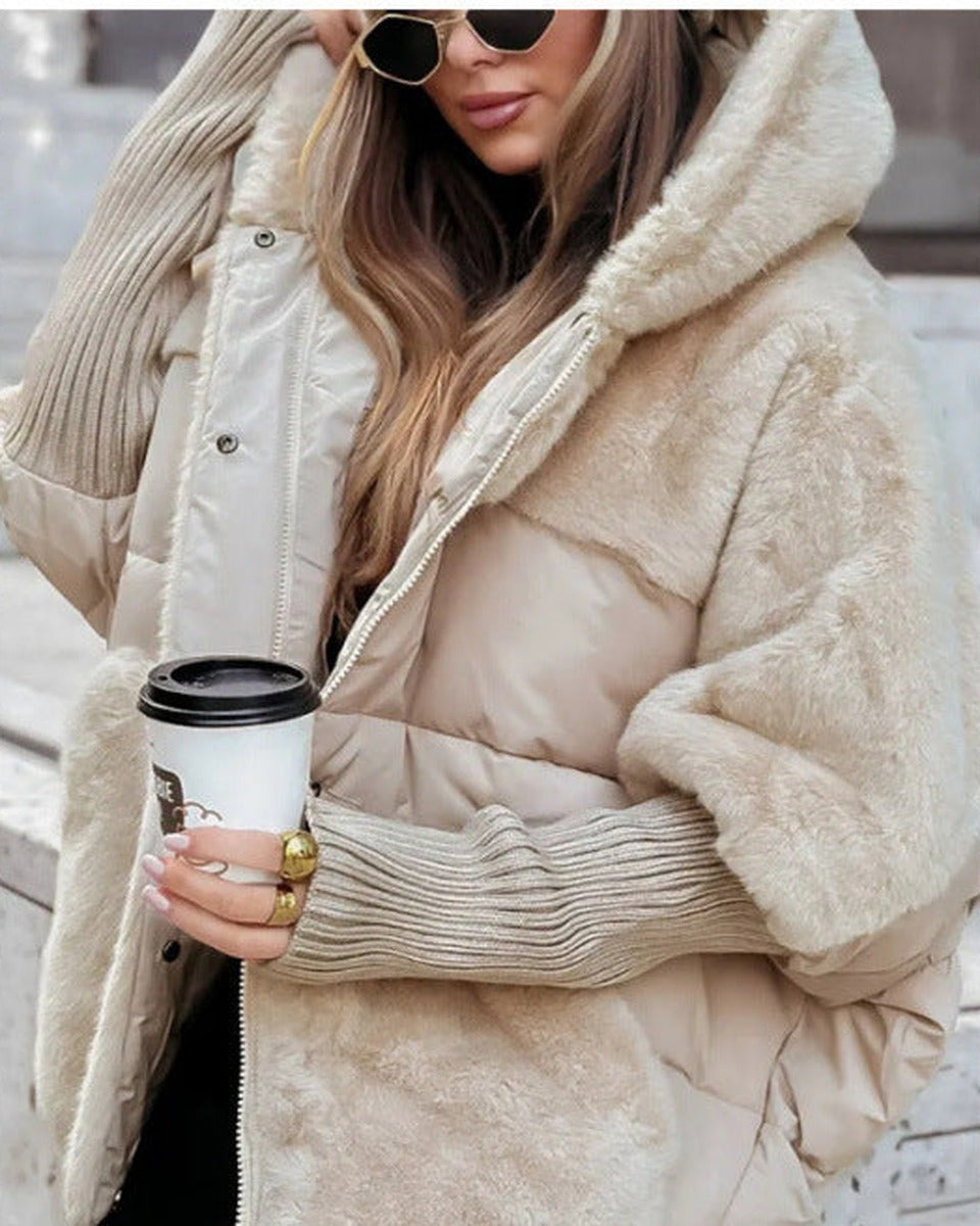 Doudoune femme beige à capuche fausse fourrure