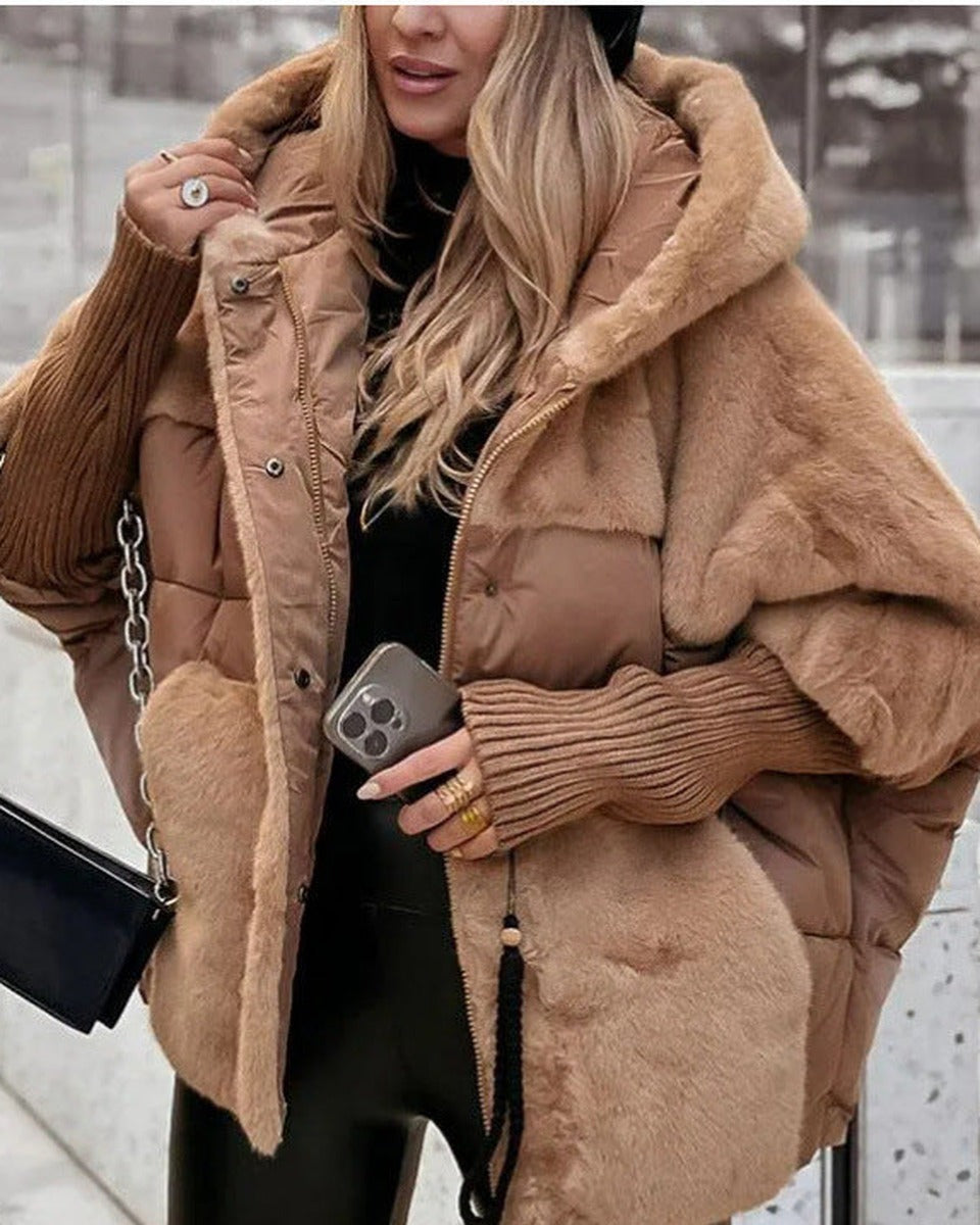 Doudoune oversize femme camel à capuche, fausse fourrure