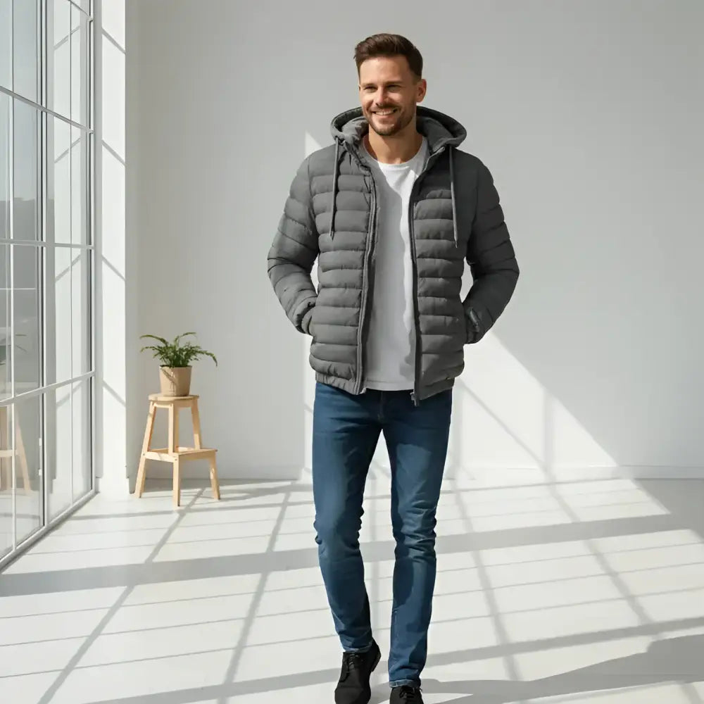 Doudoune parkas homme - Modèle Alpha, parka légère et matelassée, portée par un homme dans un intérieur lumineux.
