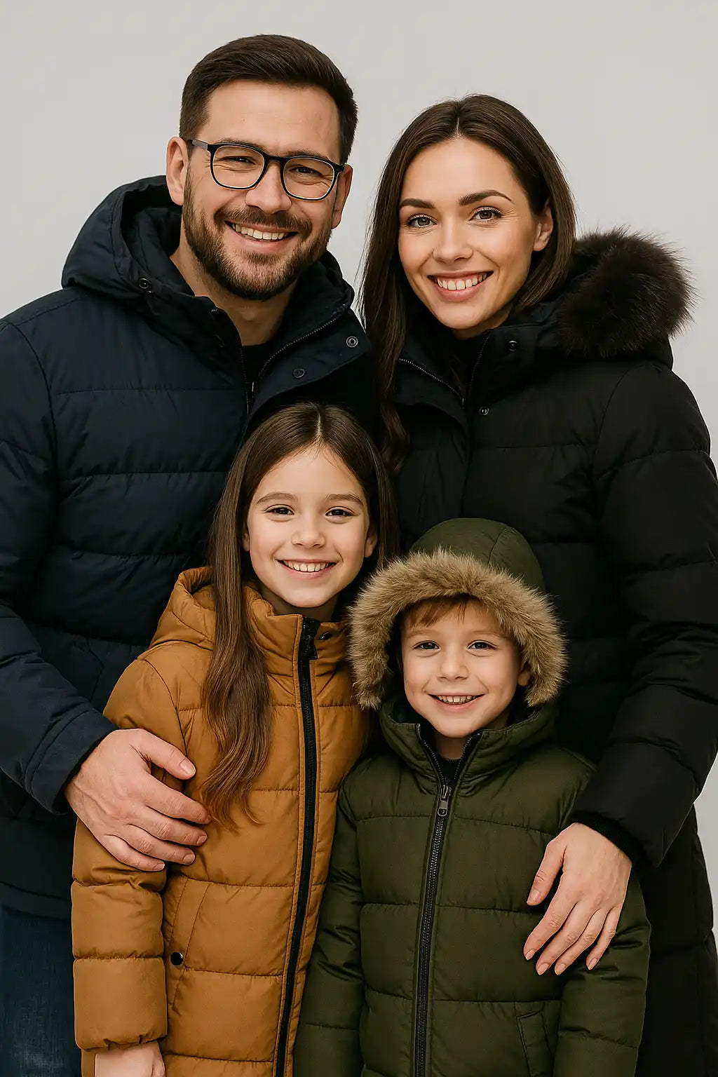Une famille souriante portant des parkas : deux adultes et deux enfants dans des manteaux colorés.