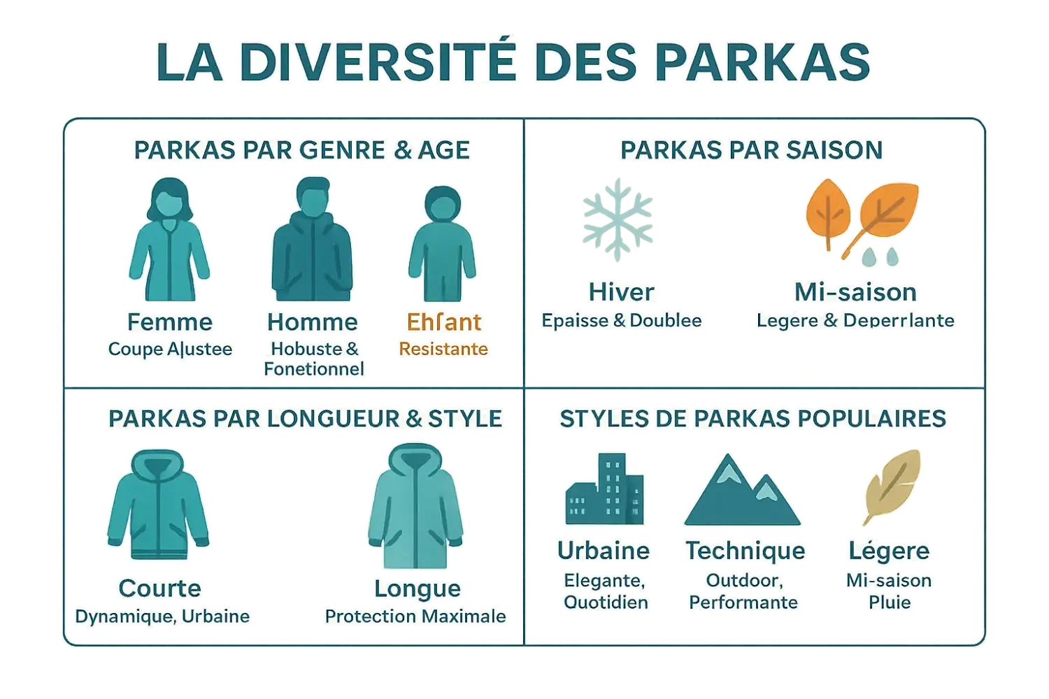 Diversité des parkas pour homme, femme et enfant