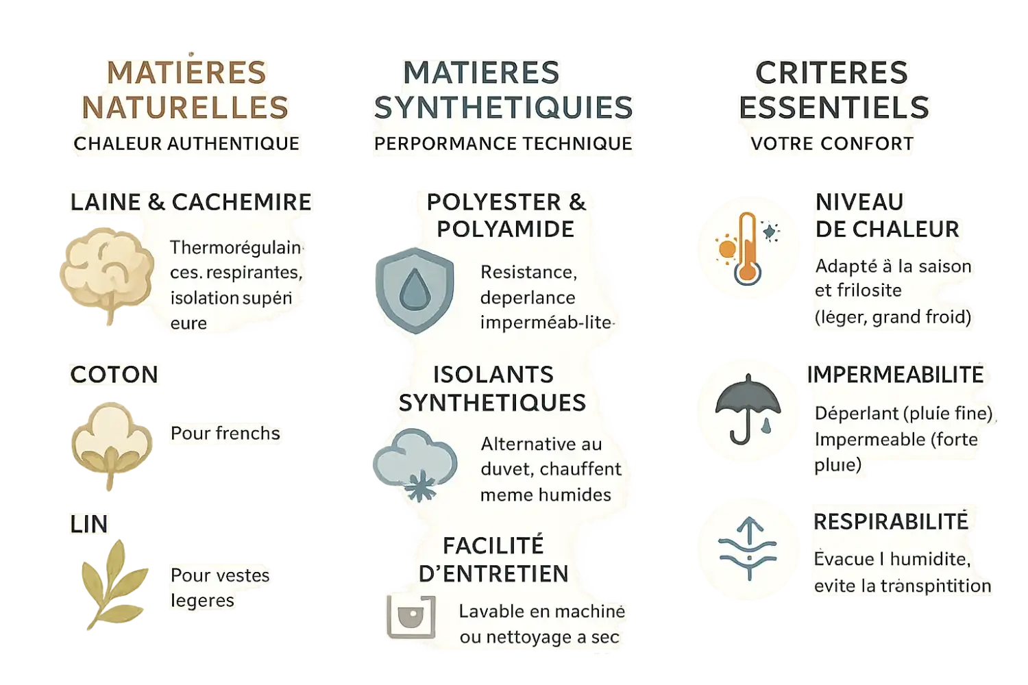 Comparaison des matières textiles pour manteaux