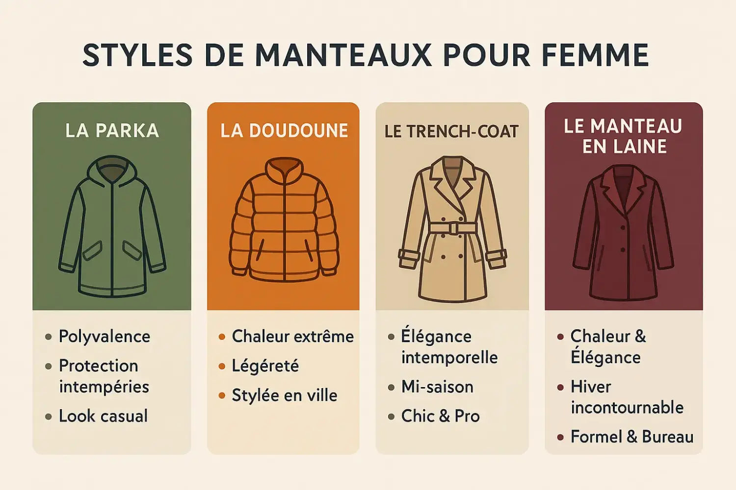 Illustration des différents styles de manteaux pour femme