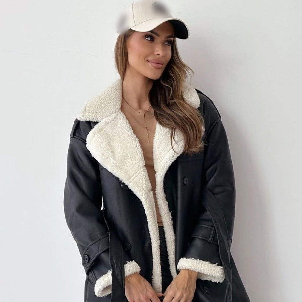 Manteau long femme simili cuir noir doublé moumoute