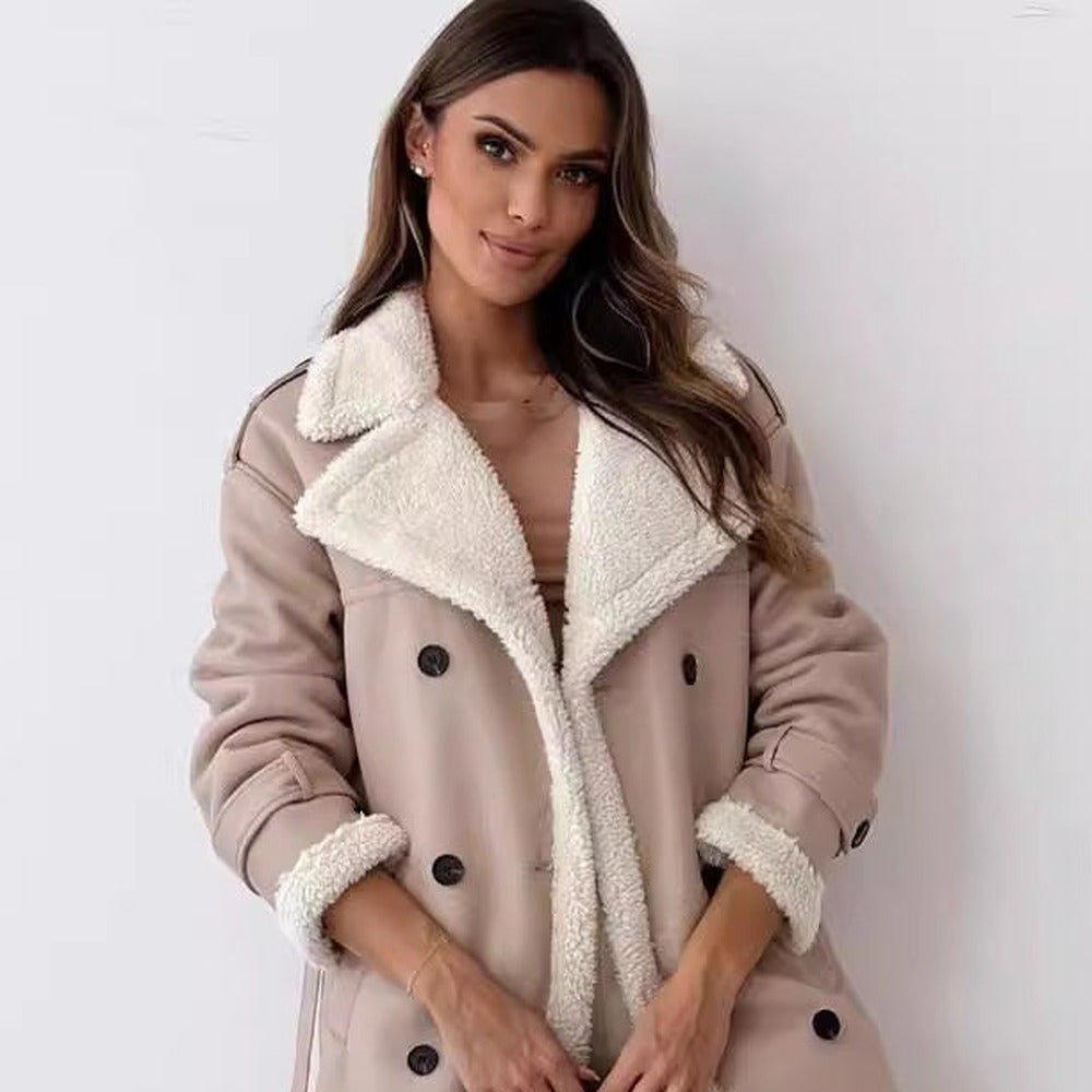 Manteau moumoute femme beige, boutonnage croisé