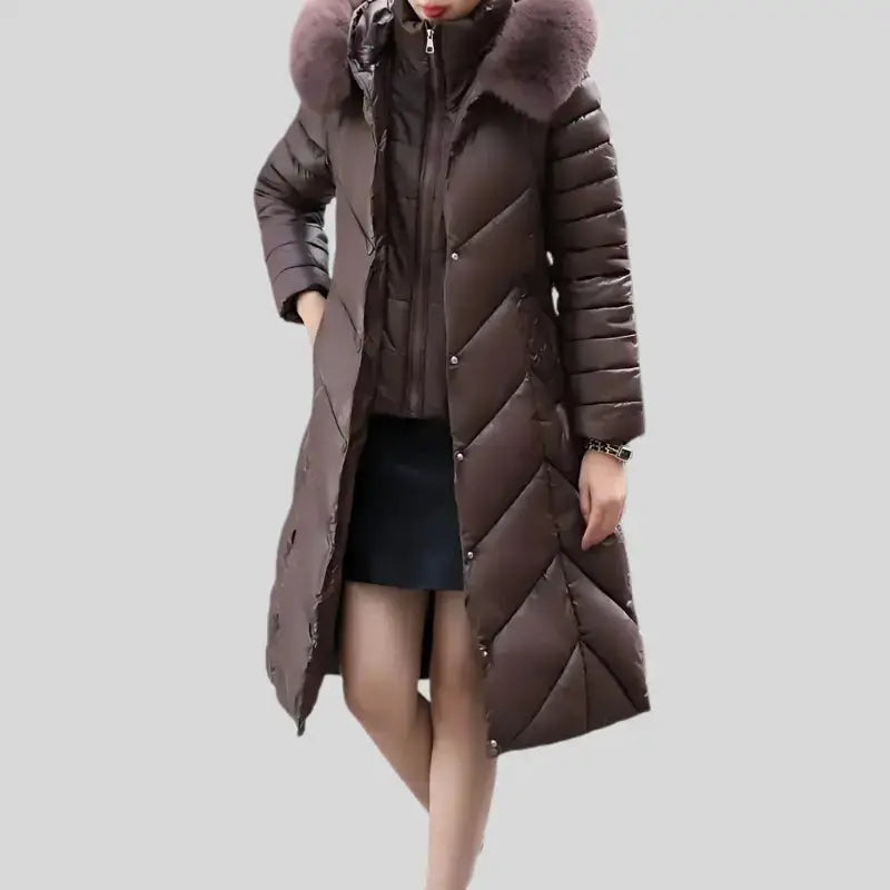 Manteau parka femme élégant avec capuche en fourrure synthétique, parfait pour l'hiver.