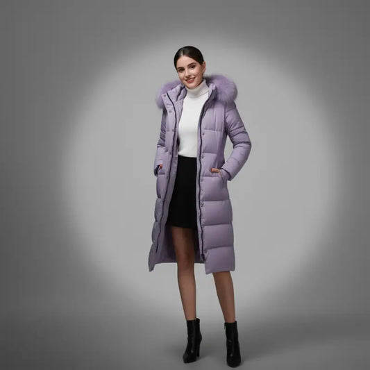 Manteau parka femme long lavande avec capuche réglable et coupe féminine