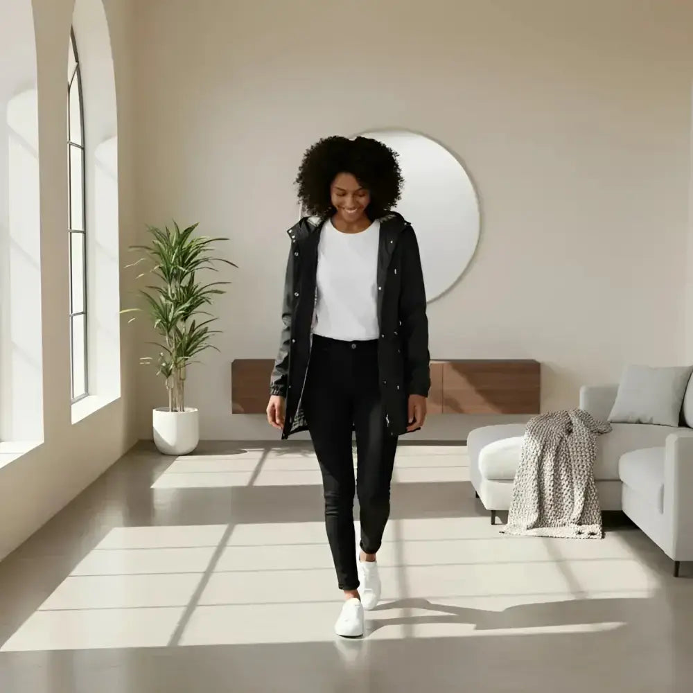Manteau parka pour femme - Modèle "Copenhague" porté par une femme dans un intérieur moderne.