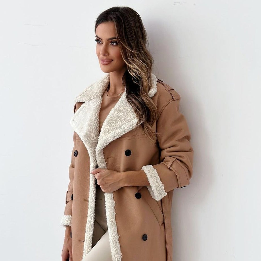 Manteau peau lainée femme camel, coupe trench croisée