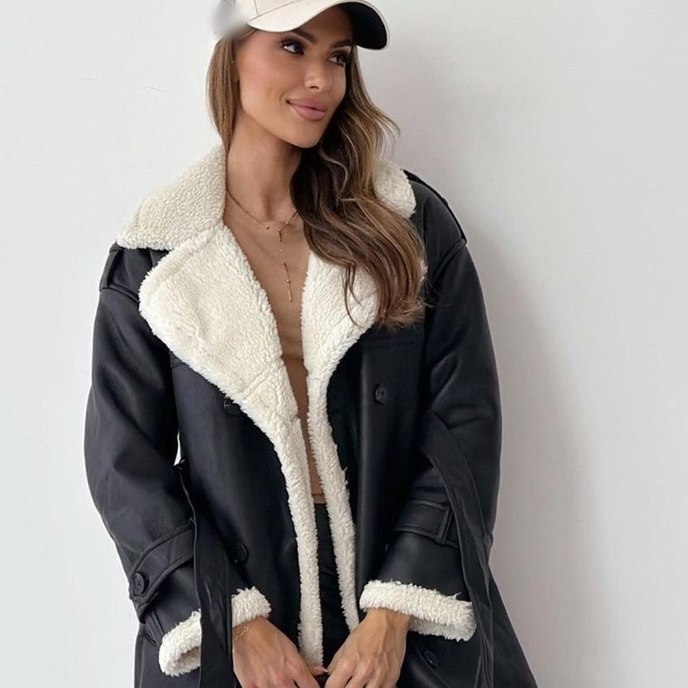 Manteau peau lainée femme noir, col sherpa crème