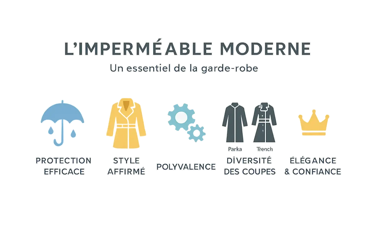 Illustration d'un <strong>imperméable femme moderne</strong> avec caractéristiques techniques