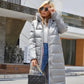 Parka à capuche femme en tissu déperlant, long, argenté, puffer, avec capuche et zip