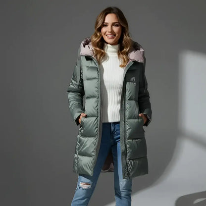 Parka à capuche femme en tissu déperlant, long sage green avec capuche rose pâle
