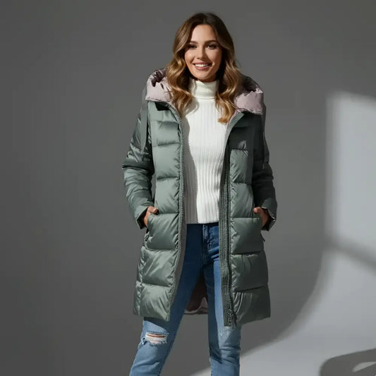 Parka à capuche femme en tissu déperlant, long sage green avec capuche rose pâle