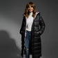 Parka à capuche femme en tissu déperlant, long noir quilté, avec capuche, tenue décontractée