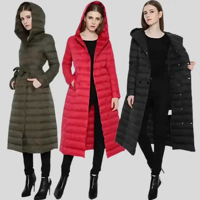 Parka capuche femme affichant trois modèles de parkas longues et élégantes pour l'hiver.