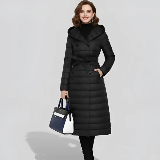 Parka capuche femme manteau long noir avec ceinture et confort optimal