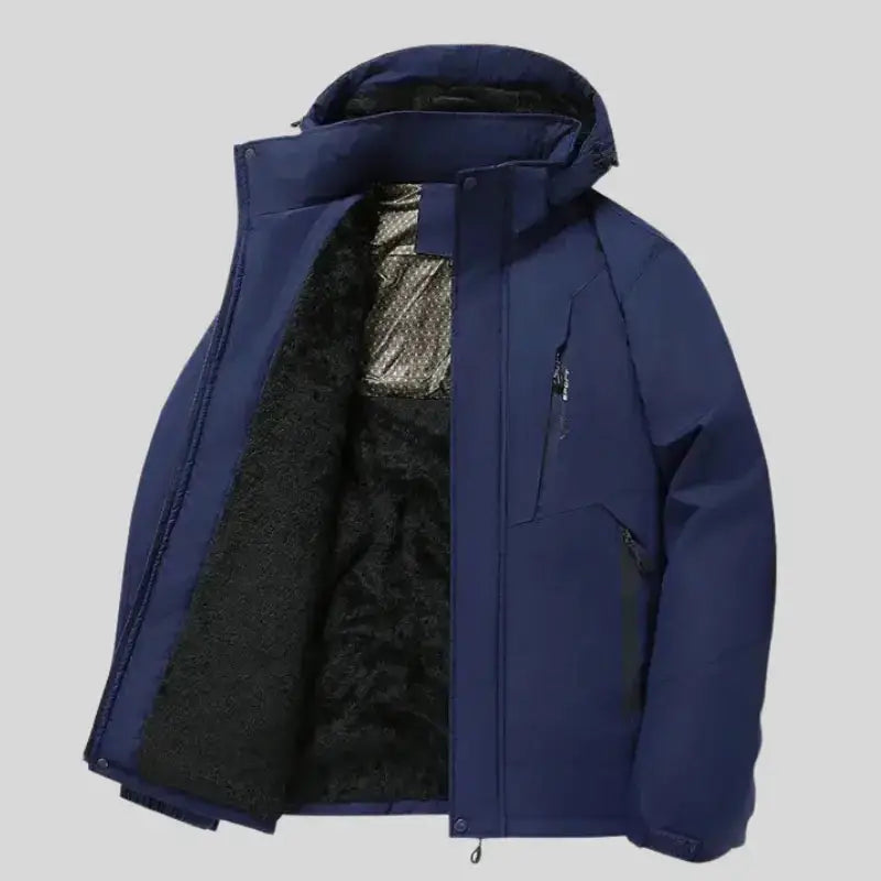 Parka capuche homme en bleu marine, ouverte pour montrer la doublure synthétique matelassée, idéale pour l'hiver.