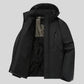 Parka capuche homme noire avec ouverture, lining texturée, poches zippées et capuche bicolore