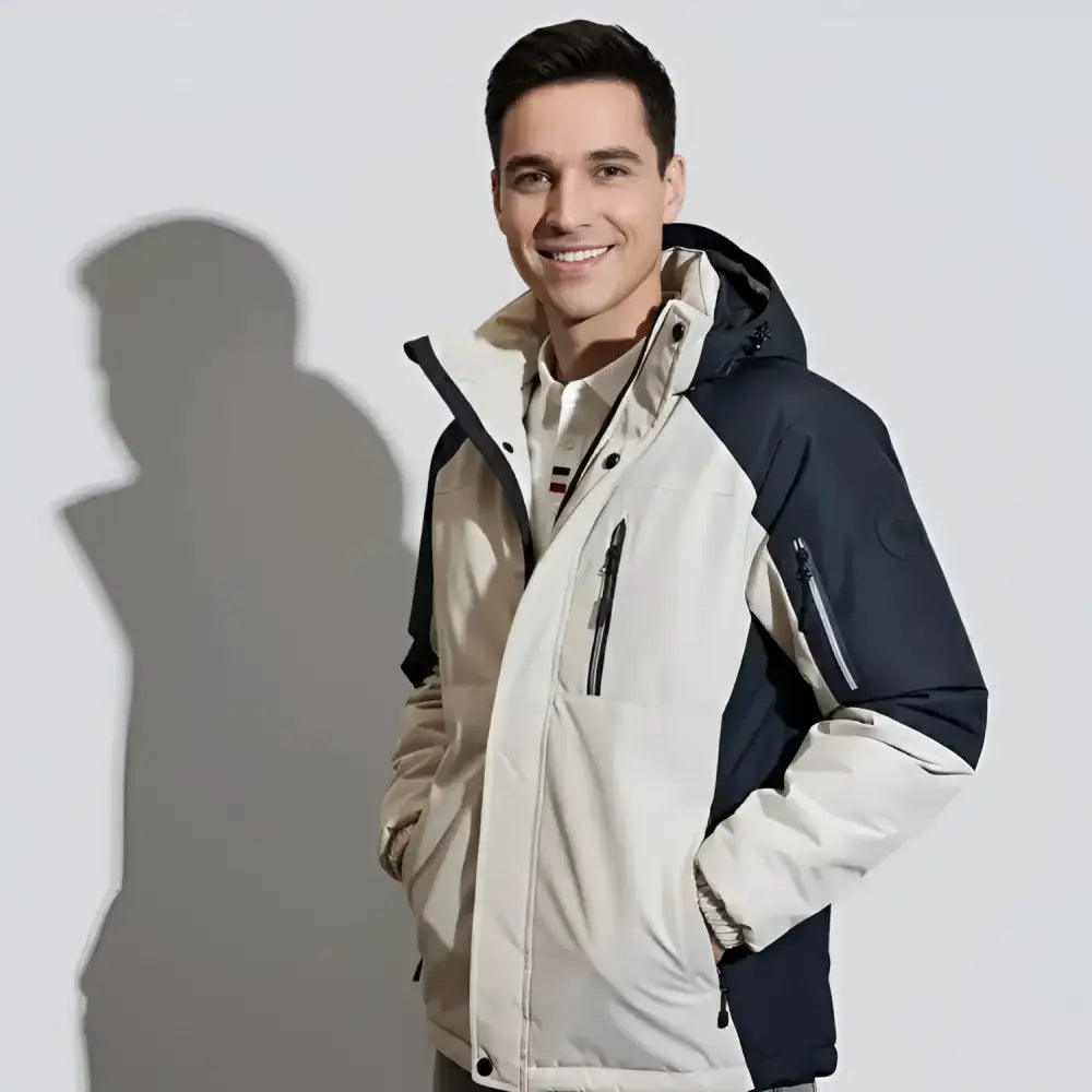 Parka capuche homme en couleur beige et noir, modèle moderne avec capuche, idéal pour l'extérieur.