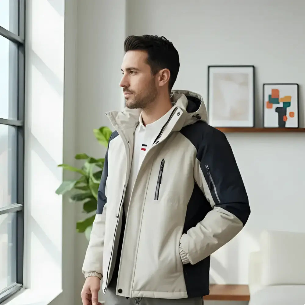 Homme portant une parka capuche homme beige et noire, regardant par la fenêtre.
