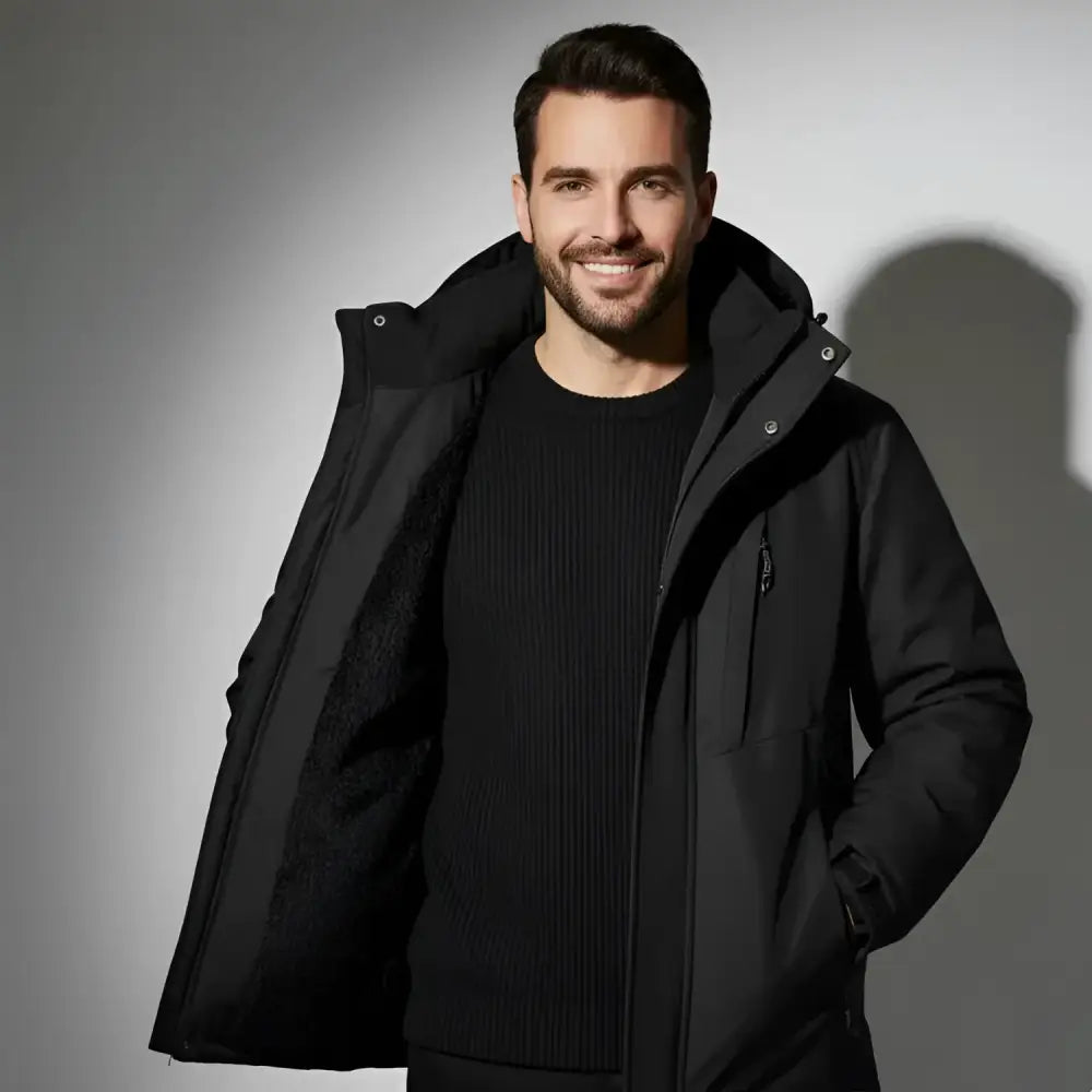 Homme souriant portant une parka capuche homme noire, parfaite pour un confort optimal en extérieur.