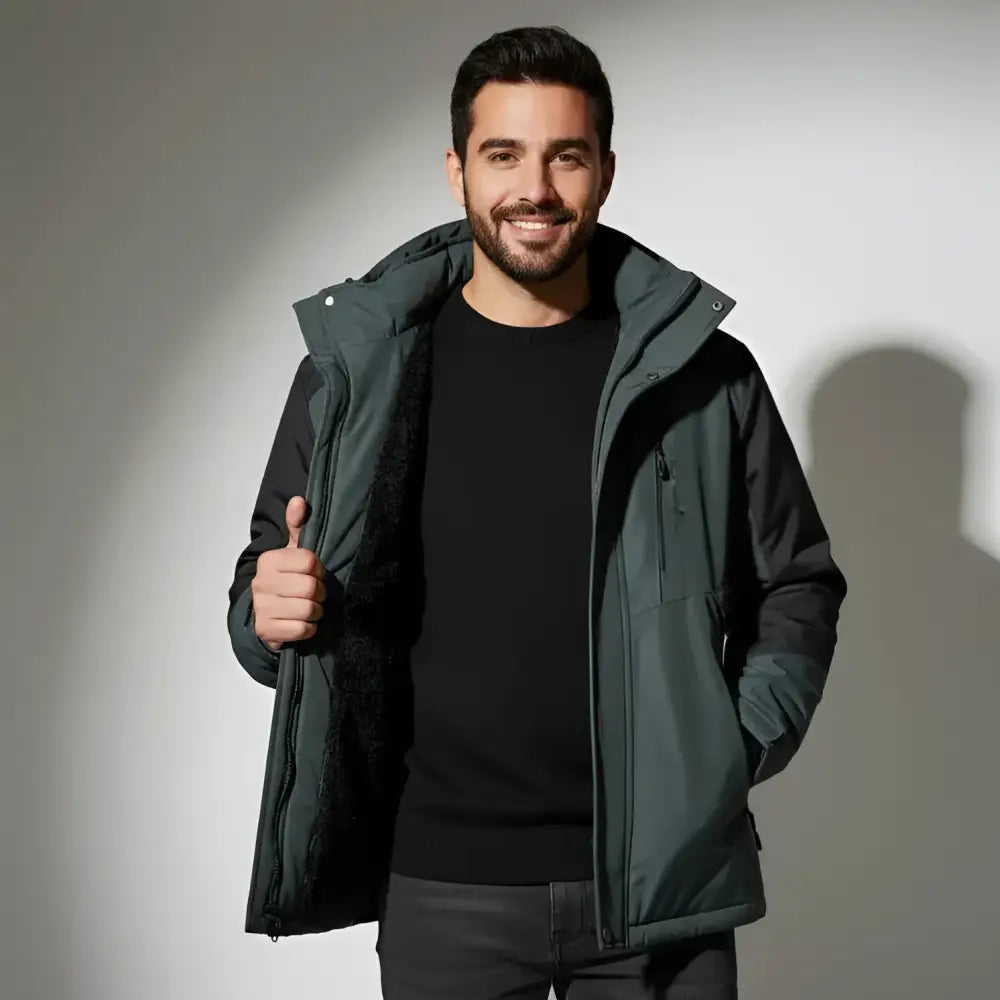 Homme souriant portant une parka capuche homme, idéale pour le confort et la protection contre l'humidité.