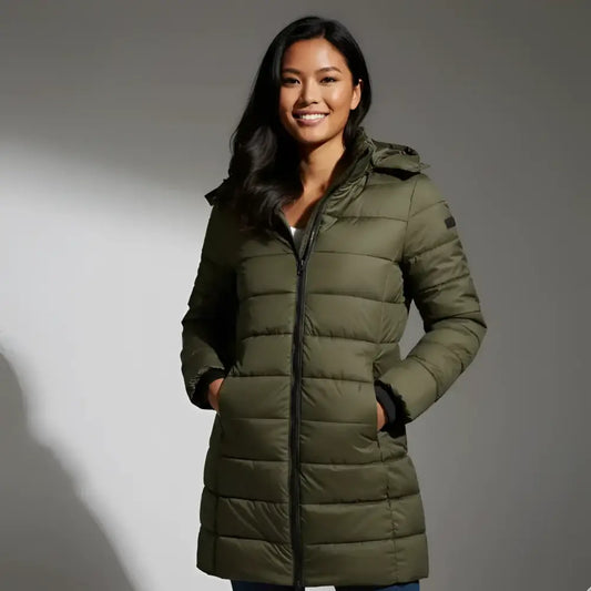 Parka chaude femme imperméable avec capuche en vert olive et doublure matelassée
