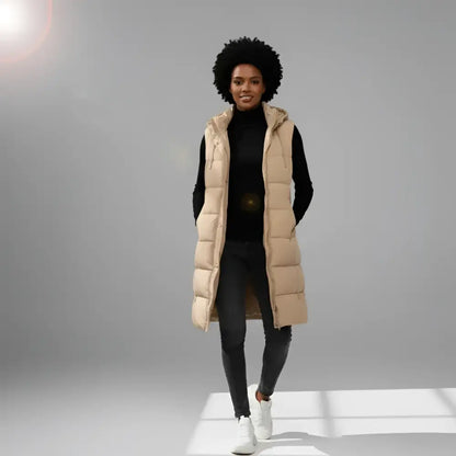 Gilet long beige à capuche imperméable femme, isolation thermique pour parka chaude femme
