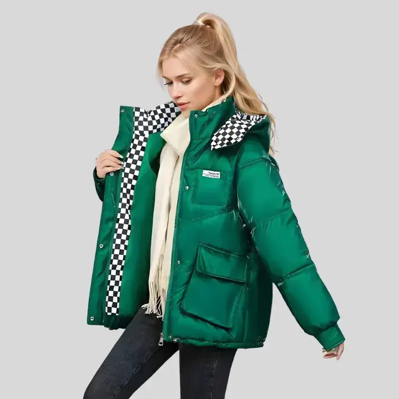Parka chaude pour femme, élégante, verte avec capuche à motifs, idéale pour l'hiver.