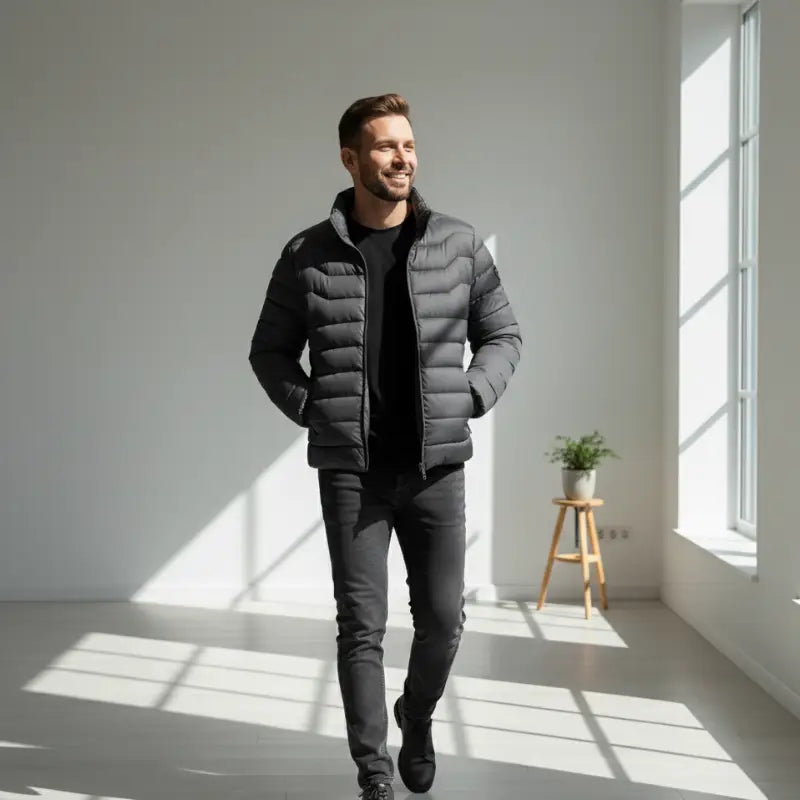Homme portant une parka doudoune homme noire, élégante et légère, parfait pour l'hiver.