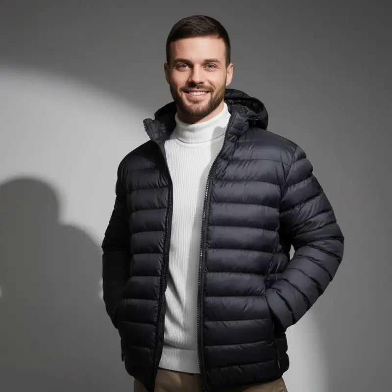 Homme portant une parka doudoune homme noire, idéale pour l'hiver, style moderne et coupe ajustée.