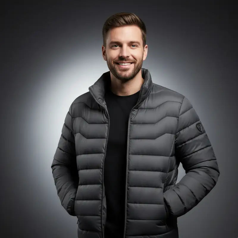 Parka doudoune homme - Doudoune noire élégante et légère portée par un homme souriant, parfaite pour l'hiver.