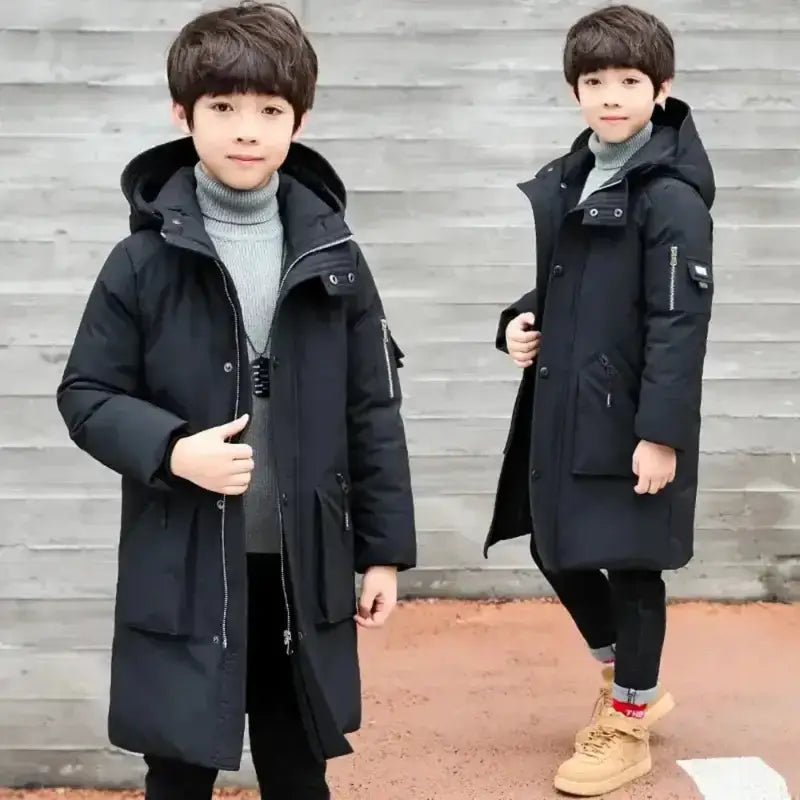 Parka enfant garçon - Manteau d'hiver noir avec capuche, idéal pour les conditions froides.