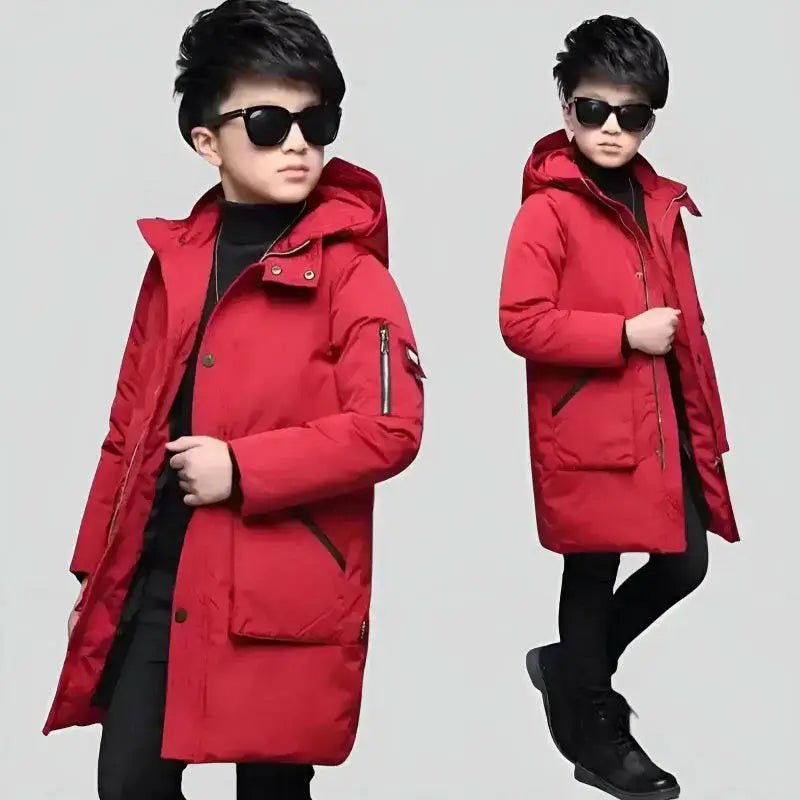 Parka enfant garçon rouge avec capuche, manteau d'hiver imperméable et isolant.