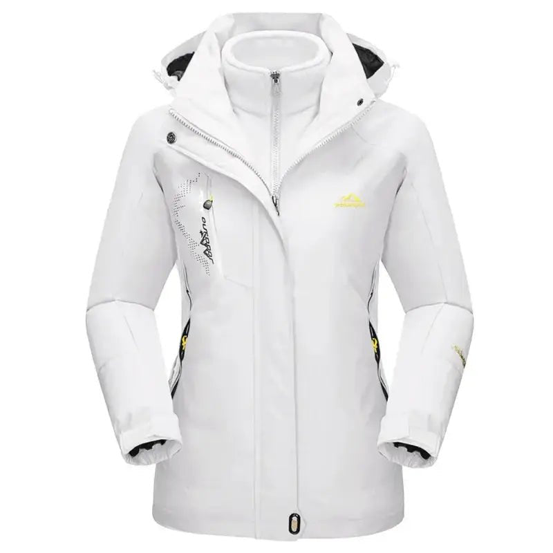 Parka femme à capuche blanche avec capuche technique et coupes fonctionnelles.