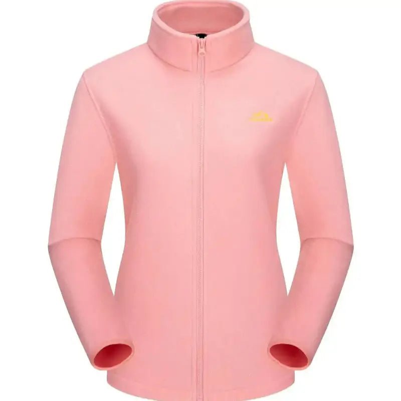 Veste en polaire rose avec col montant et fermeture éclair pour femme, idéale pour des activités de plein air.
