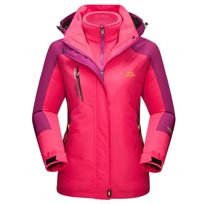 Parka femme à capuche en rose et violet, idéale pour le confort et la protection contre l'humidité durant les saisons fraîches.