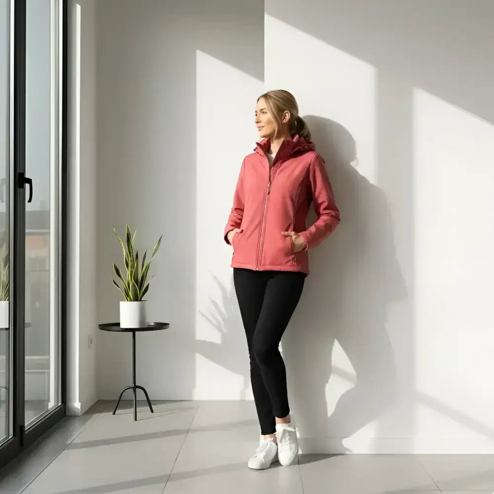 Femme portant une parka femme à capuche cintrée rose, affichant une silhouette élégante et moderne en intérieur.