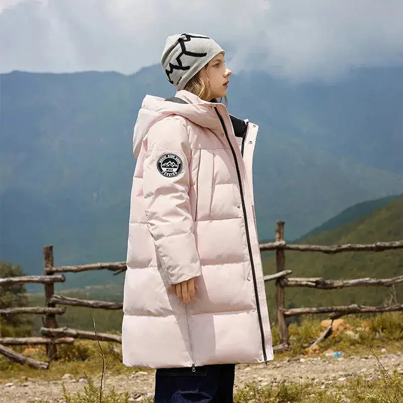 Parka fille 10 ans manteau enfant rose clair à capuche et patch noir et blanc