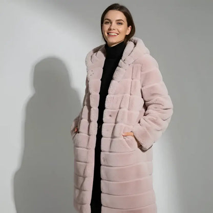 Parka fourrure capuche femme rose pâle avec manteau en fausse fourrure et panneaux horizontaux