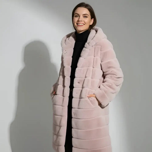 Parka fourrure capuche femme rose pâle avec manteau en fausse fourrure et panneaux horizontaux