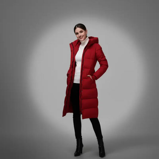 Parka grand taille femme avec isolation légère, longue, rouge, à capuche pour silhouettes adaptées